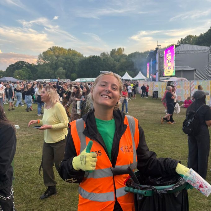 Lauren Coley Holding Bin Bag Giving A Thumbs Up